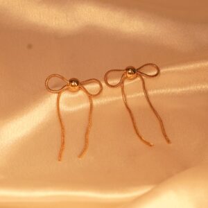 Gold Plated Waterproof Anti-Tarnish Long  Ribbon Bow Stud Earrings