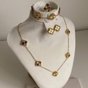 Vyaraa Golden 5-Piece Lucky Clover Jewellery Set – Anti-Tarnish Ring, Earrings, Bracelet, Pendant Necklace Combo for Women & Girls