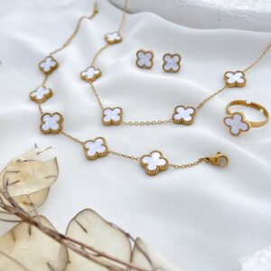 Anti Tarnish Jewellery Latest Stylish Clover Ring Earrings Bracelet Chain Pendant Combo Gifts Necklace Jewellery Set for Women & Girls