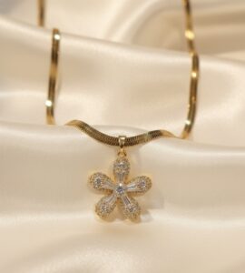 American Diamond with flower pendent Snake Chain | 18K Gold Plated Anti Tarnish Necklace by Vyaraa