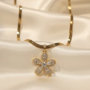 American Diamond with flower pendent Snake Chain | 18K Gold Plated Anti Tarnish Necklace by Vyaraa